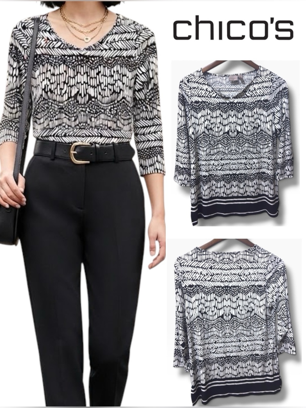 Chico's Easywear| NWOT Black & White Abstract Geometric 3/4 Sleeve Top (Size S)